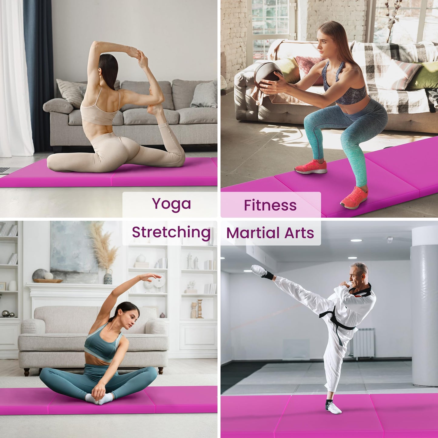 Fitvids Folding Exercise Gymnastics Mat for Tumbling, 2'x6'x2" Gym Workout Mat with Carrying Handles High-Density Anti-Tear Portable Fitness Aerobics Mats for Home Gym Yoga Pilates MMA Core Training, Hot Pink