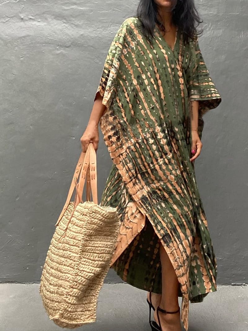 Plus Size Kaftan Dress for Women – Green Coffee Beach Cover-Up