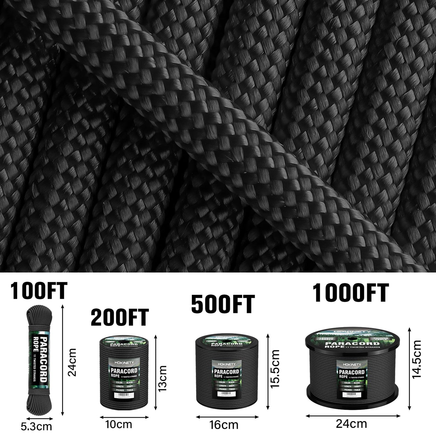 HOKINETY Paracord Rope 750 - Parachute para Cord 4mm 11 Strand Spool Rope Utility Nylon String for Outdoor Camping Survival Utility Tent Crafting DIY Projects - Black 100ft