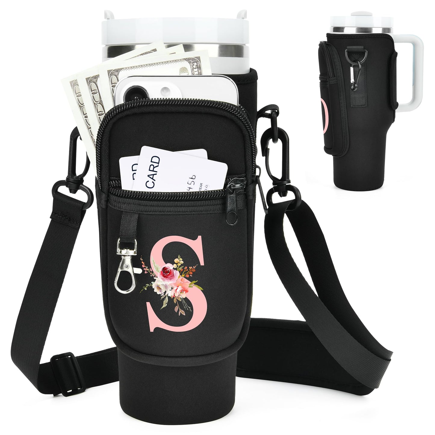 Sernaxi Initial Water Bottle Holder with Strap for Stanley Cup Accessories 40 oz/Simple Modern Tumbler, Birthdays for Women Girls, Water Bottle Carrier Bag with Phone Pocket,Hiking Walking Gym Camping