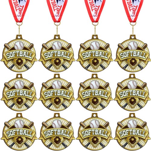 Ecation 12 Pcs Softball Medals 2 Inch T-Ball Team Medal Awards Softball Metal Medals Gold Baseball Sports Award Medals with Neck Ribbon for Kids(Softball)