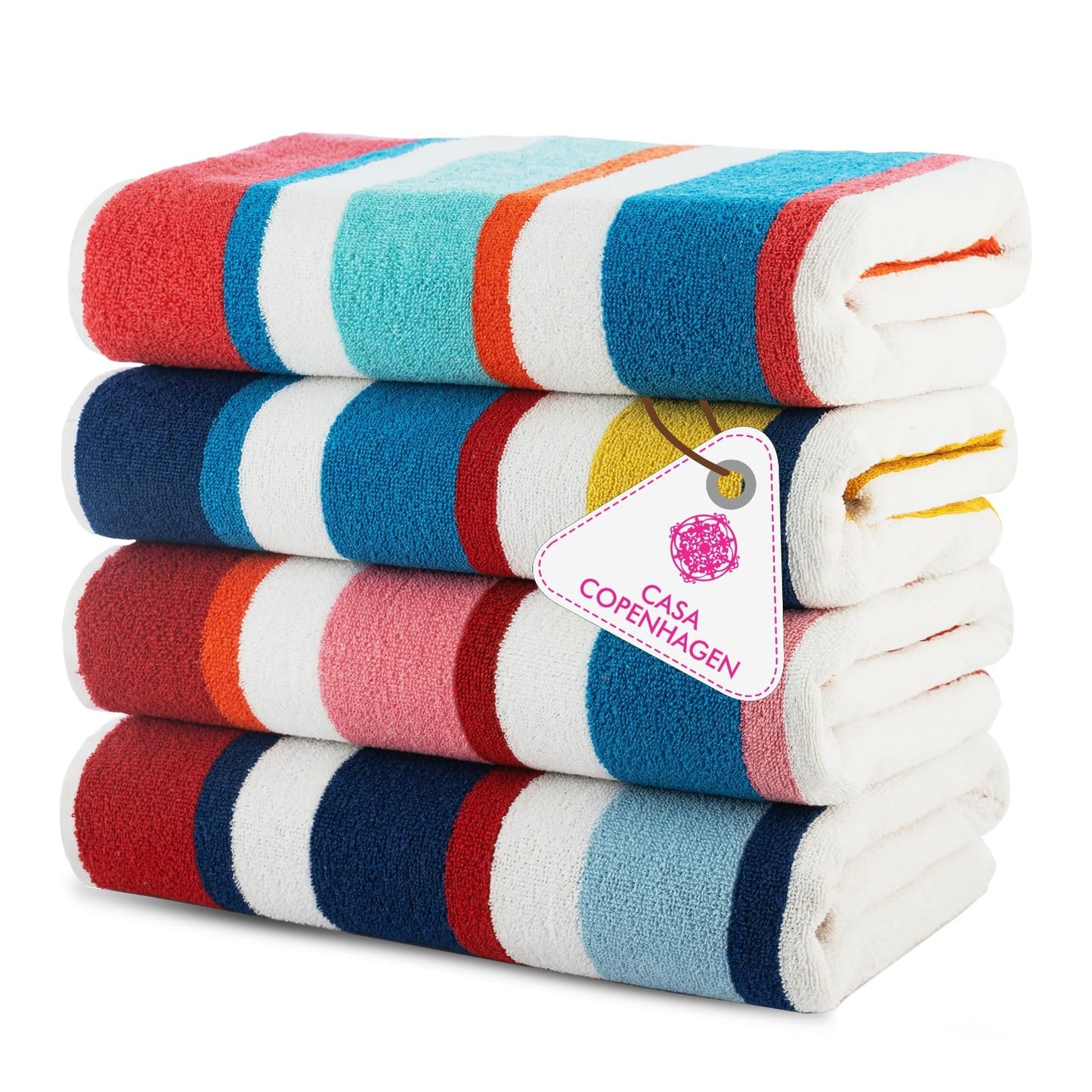 Casa Copenhagen Bora Bora Towels 4Pcs Yellow, Teal, Pink, Red Designer Stripe Beach Towels Gift Set, 30"x 60" Oversized 100% Cotton Pool Towels, Bath Towels for Beach (Summer Gift Set For Women & Men)