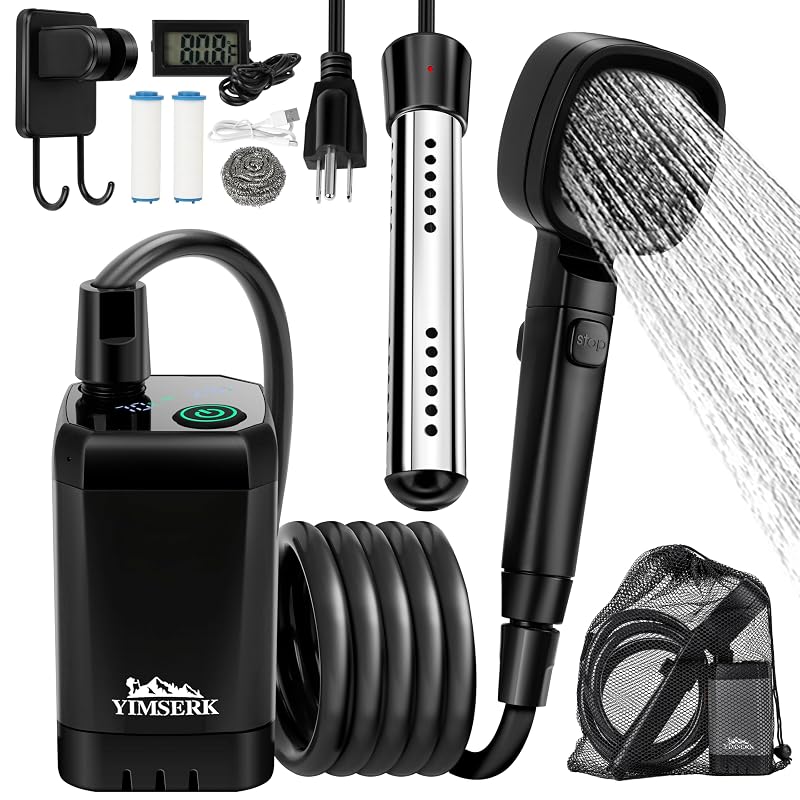 6000mAh Portable Camp Shower with 2000W Immersion Heater - USB-C Rechargeable Outdoor Shower Kit (Black)