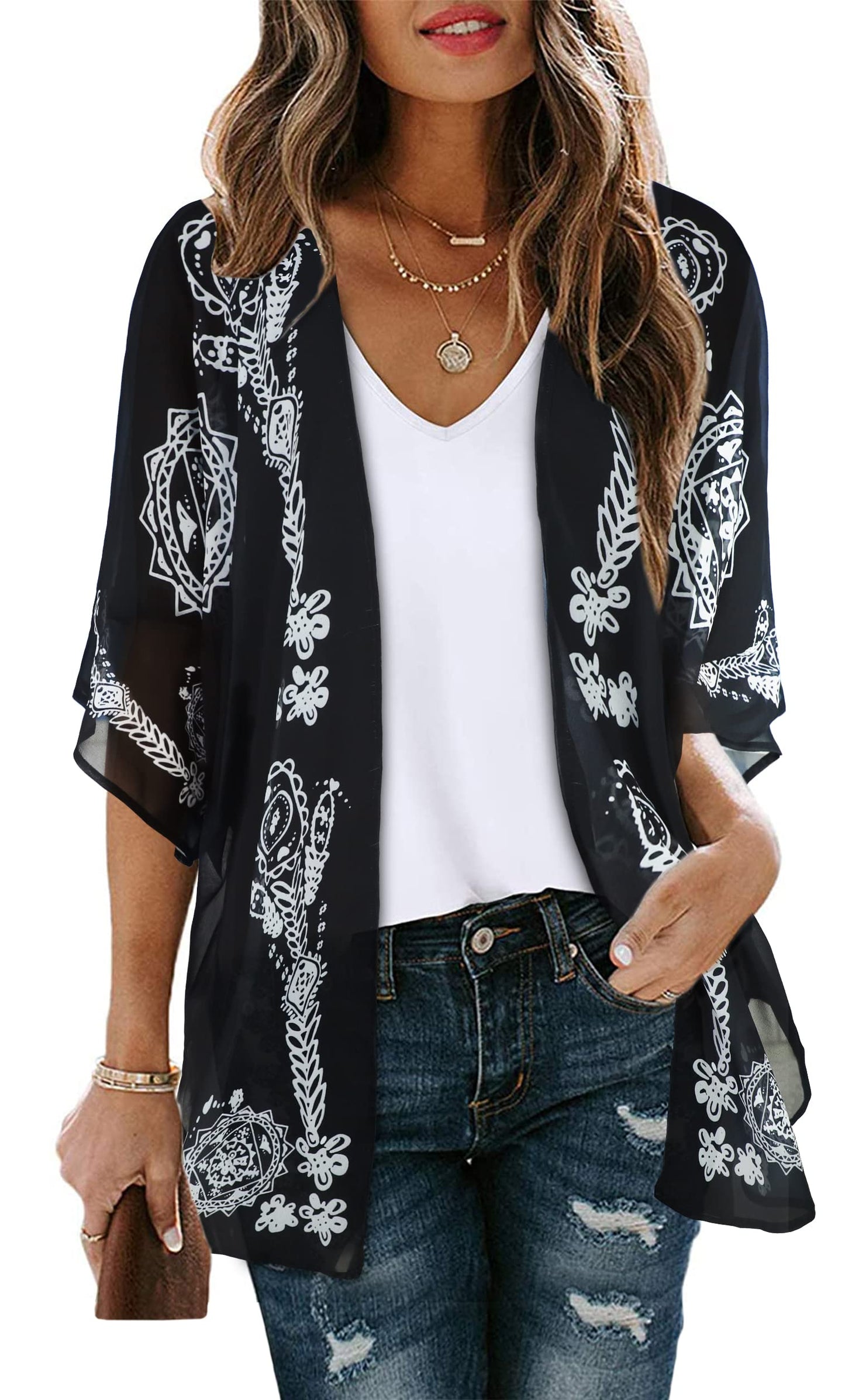Summer Kimono Cardigan for Women Sheer Boho Tops Casual Open Front Swimwear Shirts Beach Cover ups (Caftan Black,5XL)