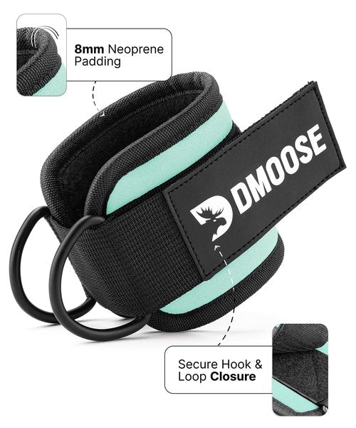 DMoose Ankle Cable Straps for Workout - One Size Fit with Premium Padding, Foot Strap for Cable Machine, Cable Leg attachments for Gym, Booty Workouts, Leg Extension, Hip Abductors (Cyan - Pair)