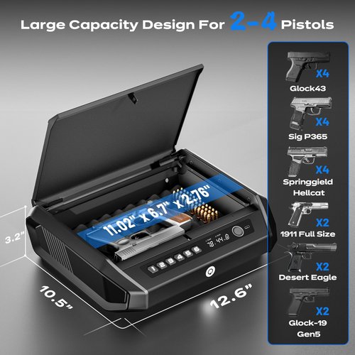 Gun Safe with LCD Display, ??.1s Quick Access Handgun Safe for 2-4 Pistols, Hand Gun Lock Box with Fingerprint | Keypad | and Keys for Home Drawer Bedside Nightstand TOPMEDA