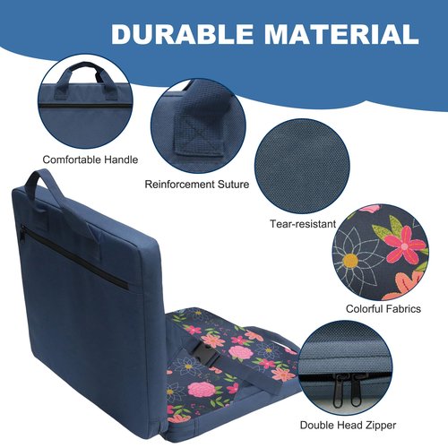 GeerDuo Stadium Seat Foldable with Back Support Chair Cushion Portable for Bleacher Seating Pad Thick Floral Soft with Handle for Sports Events Hiking Fishing Camping Concerts (Blue Floral)