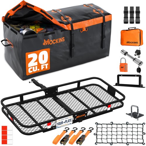 Mockins 60"x20"x6" Folding Trailer Hitch Cargo Carrier w/ 20 Cu.Ft. Waterproof Cargo Bag for Hitch Carrier | 500 Lbs. Capacity Weatherproof Luggage Rack for SUV Car & Truck w/Car Trailer Accessories