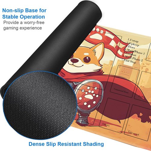 for MTG Playmat with Zones, for TCG Playmat and Board Game Mat with Storage Bag and 6 Dice, 24x14in Non-Slip for MTG Mat, Cute Corgi Warrior Pattern Magic Trading Card Mat Mousepad