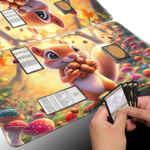 for MTG Playmat, Card Game Mat with Non-Slip Rubber Base and Stitched Edges, 24 x 14 in for DND and for TCG Play Mat with Storage Bag and 6 Dice, Squirrel with Acorns Pattern Board Game Pad