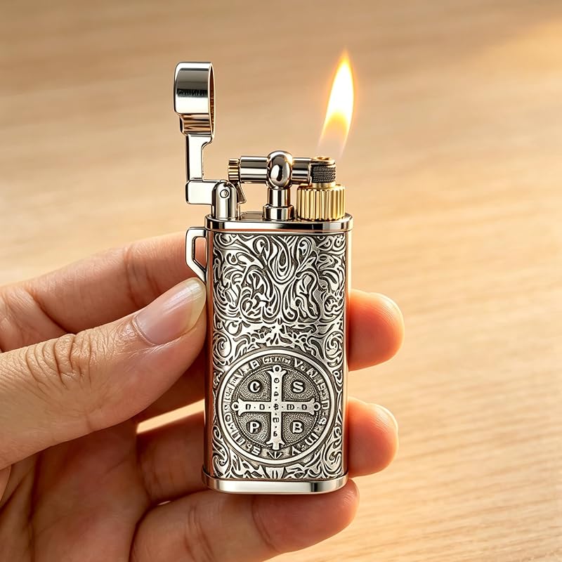 Vintage Butane Lighter with Saint Benedict Medal Motif, Refillable Pocket Trench Lighter