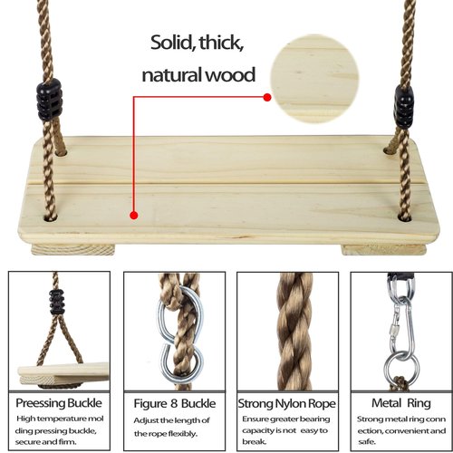 NOSTIFY Wooden Swing Seat, Nostalgic Outdoor Wood Swing for Kids Adults, Tree Straps Set Accessories for Backyard Patio Garden Playground, Height Adjustable (Raw Wood)