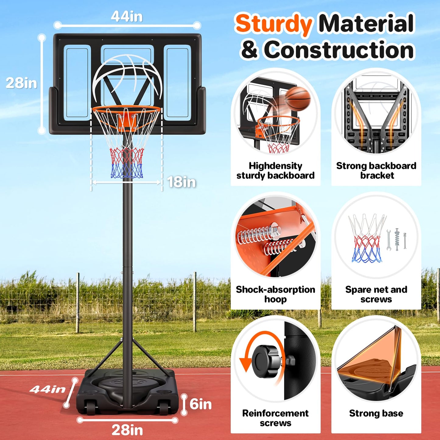 Yohood Basketball Hoop Outdoor 10ft Adjustable, Portable Basketball Hoop Goal System for Kids Youth and Adults in Backyard/Driveway/Indoor, 44 Inch Shatterproof Backboard and Larger Base