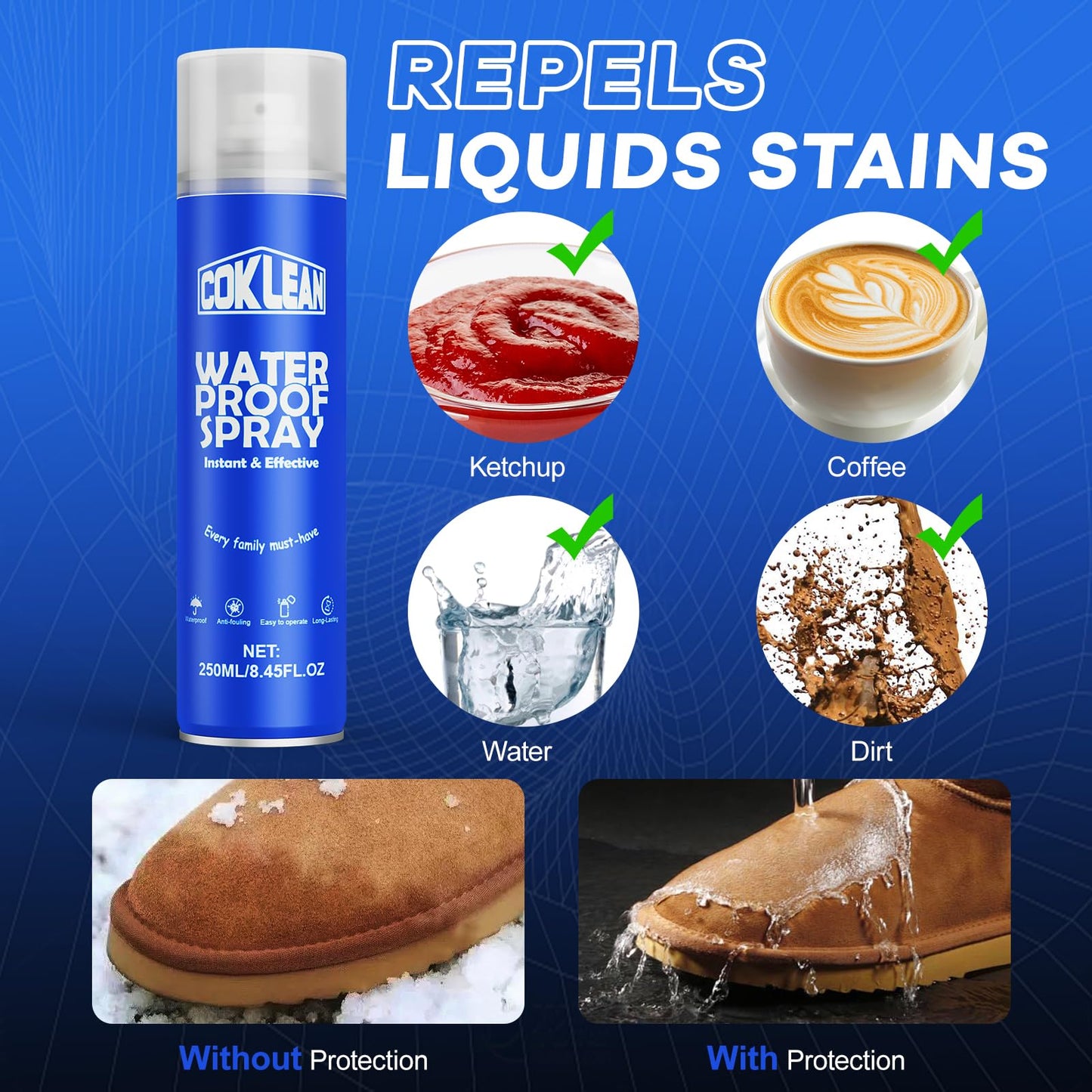 Coklean Shoe Protector Spray, Rain & Stain Waterproof Spray 8.45 OZ Nano Protectant for Sneaker, Nubuck, Canvas, Suede Shoes 1 Pack