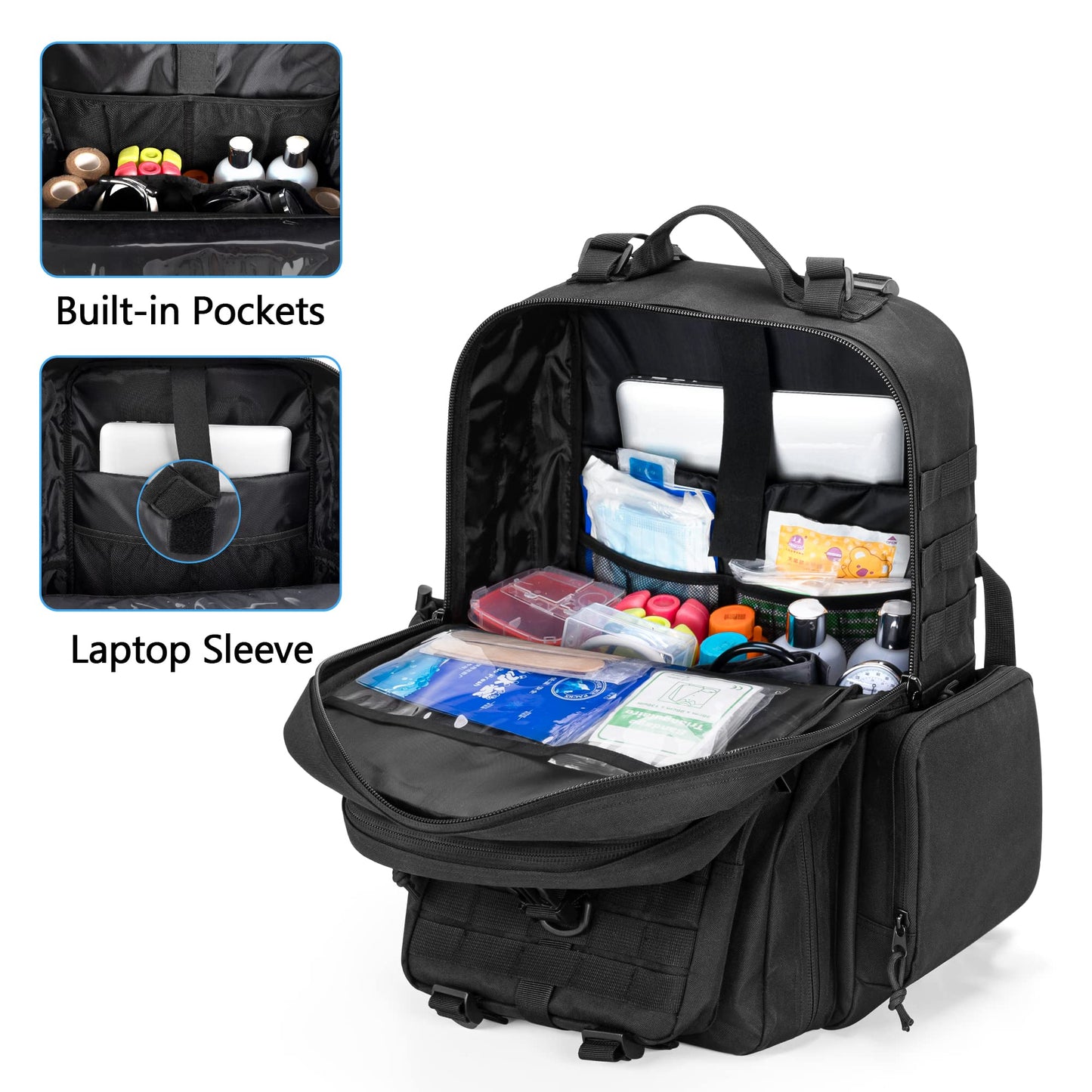 Damero Medical Tactical Backpack, Medical Supplies Bag First Aid Rucksack with Top Y-Strap for Hiking, Trekking Hunting Camping, Black (Bag Only)