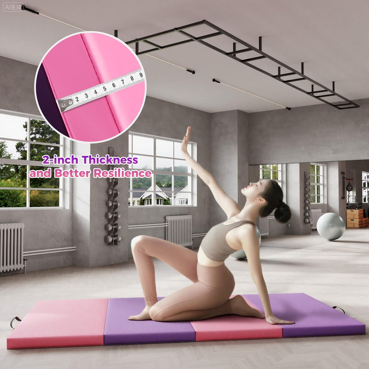 GarveeLife Folding Gymnastics Mat, Exercise Mats & Gymnastics Tumbling Mats, Thick Portable Home Gym Floor Pad for Yoga, Pilates, Aerobics & Martial Arts Training, Four Pads Folding design