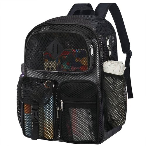 ZEERIIHOME Mesh Backpack Heavy Duty 28L See Through Backpack for Adult with Paded Strap Large Capacity for Sports Hiking Travel Outdoor Beach(Black)