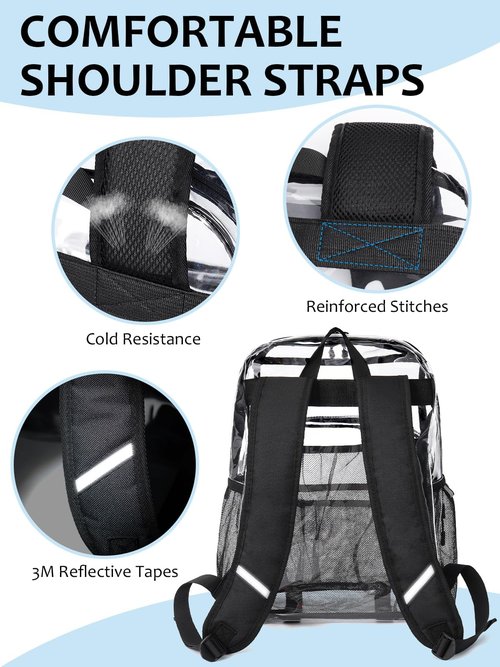 Flowston Clear Backpack Heavy Duty, 17 Inch Large TPU Clear Bookbag for Boys Girls Adult, See Through Book Bag Transparent Backpacks with Multiple Pockets for School College Work Casual Sport, Black