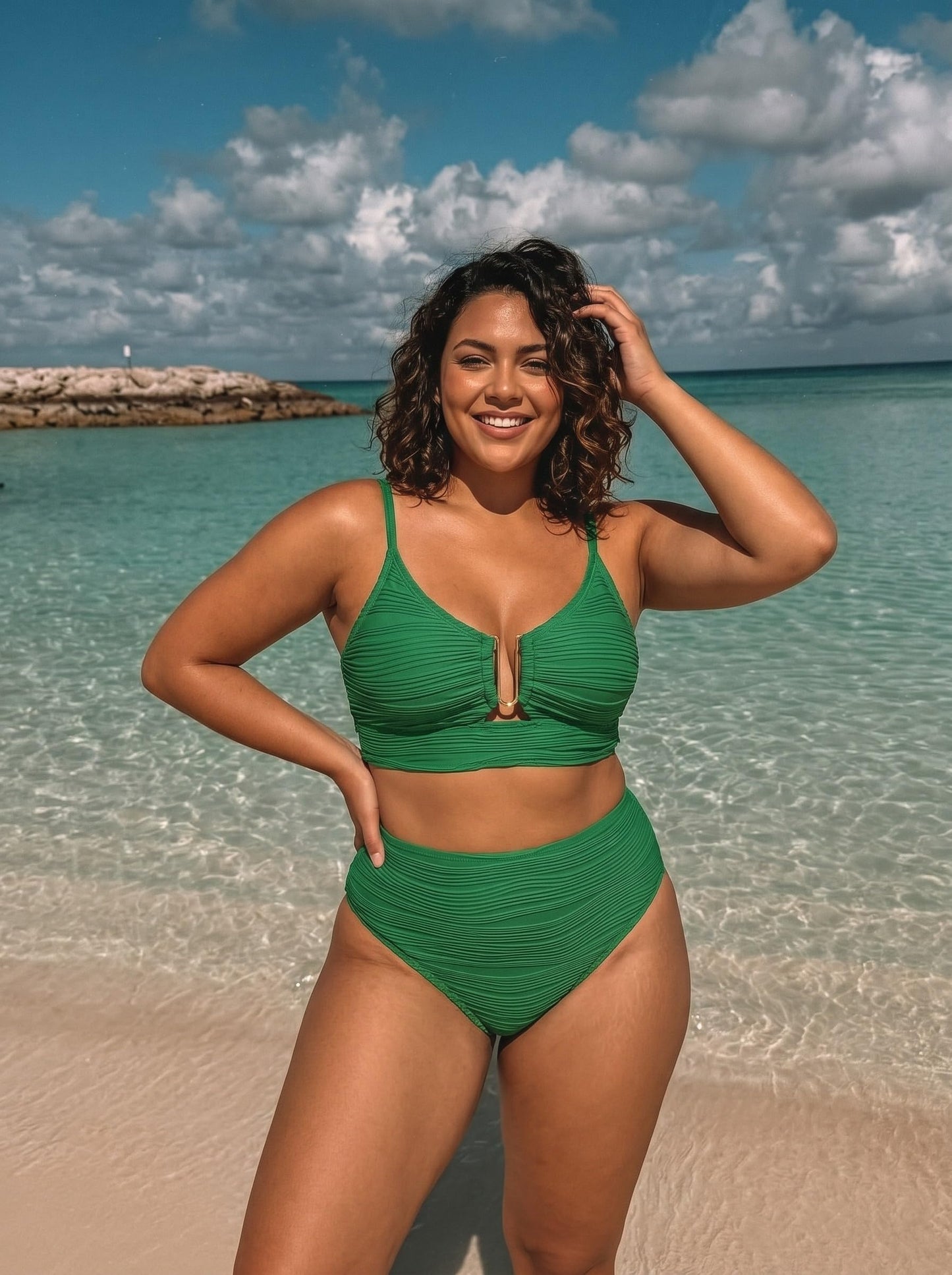 Herseas Sexy Bikini Sets for Women V-Wired Textured Cutout Swimsuit Two Piece High Cut 2026 Summer Modest Tankini Bathing Suit Flattering Beach Outfits Dark Green X-Small