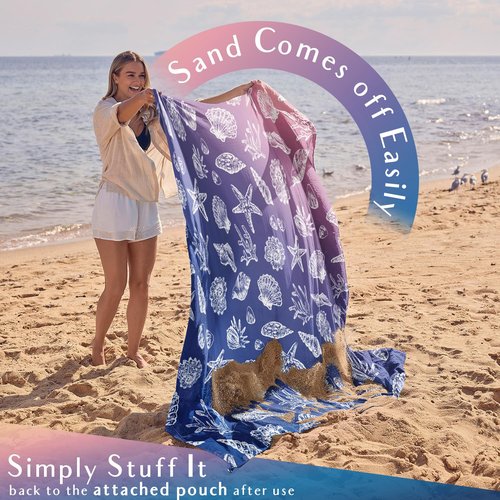 WEKAPO Beach Blanket Waterproof Sandproof & Sand-Free Beach Mat with Stakes & Built-in Storage Bag – Oversized, Extra Large, Perfect for Outdoor (Deep Blue Sea Shells, 11 X 9 FT (1~10 Person))