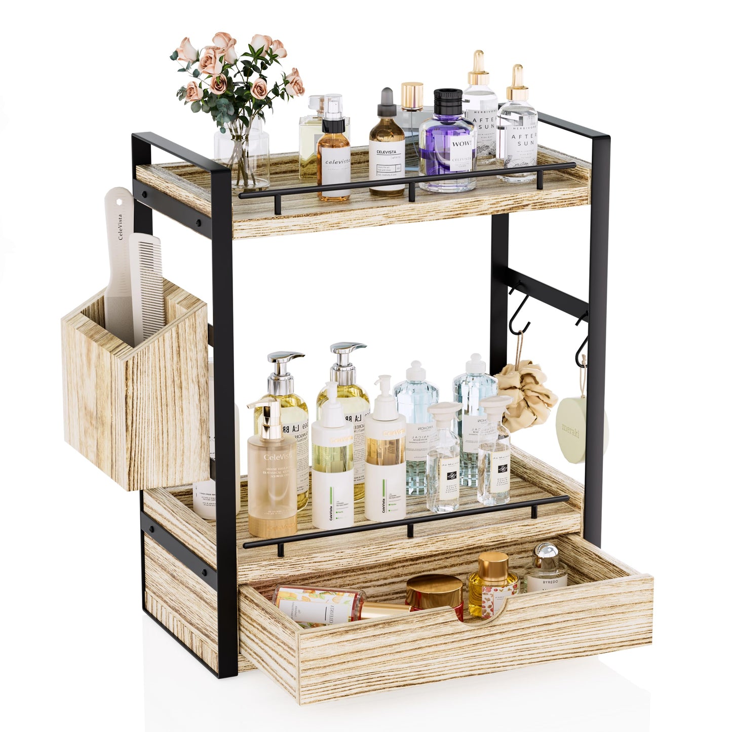 CeleVista 2-Tier Wood Bathroom Counter Organizer, Countertop Organizer with Drawer and Storage Basket, Bathroom Sink Organizer for Vanity, Skincare, Makeup, and Daily Essentials (Light Brown)