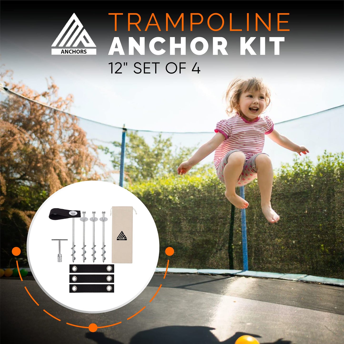 12" Set of 4 - Trampoline Anchor Kit - Trampoline Stakes Anchors High Wind - Ground Anchors Heavy Duty - Trampoline Wind Stakes - Ground Stakes Heavy Duty