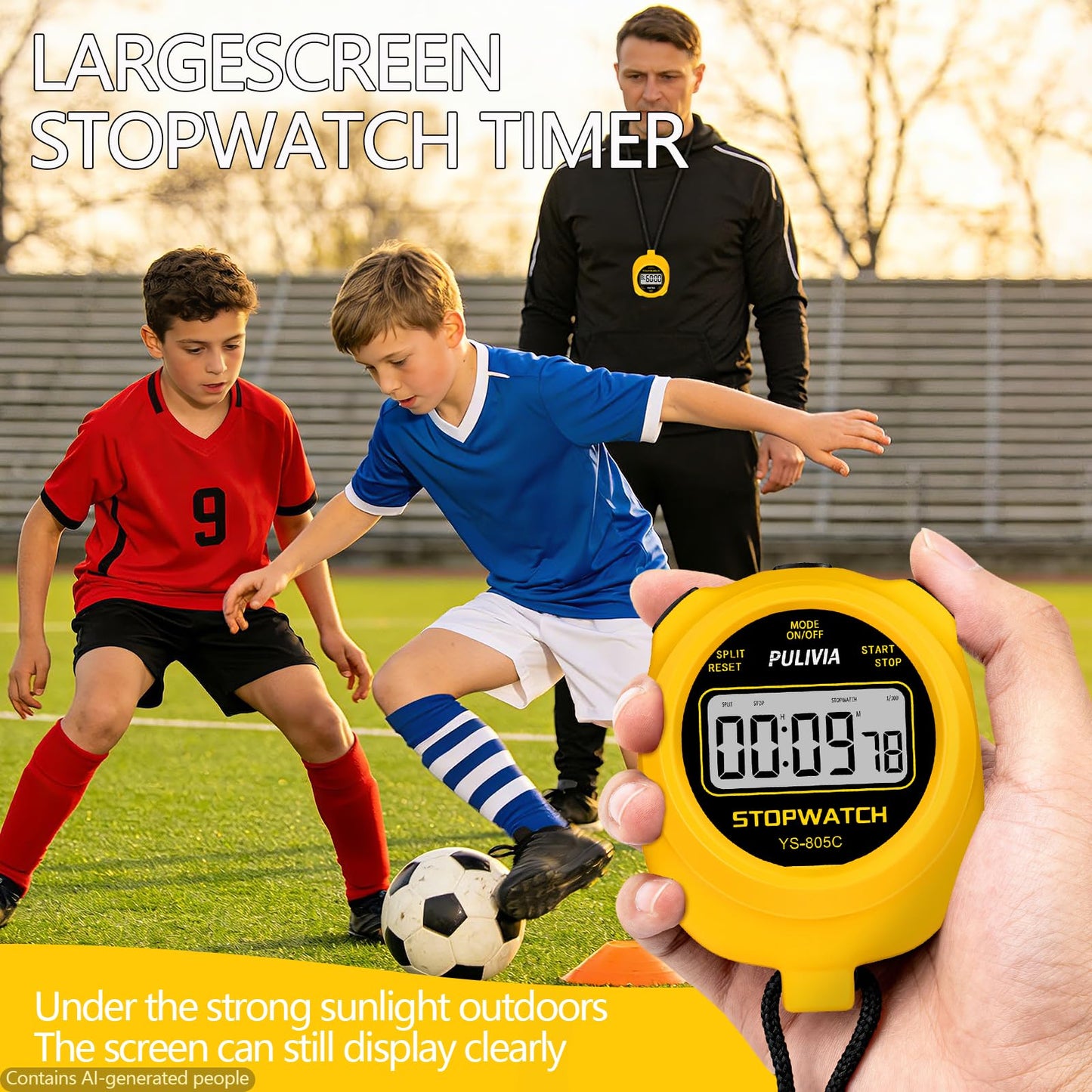 PULIVIA Stopwatch Timer with Countdown, Simple Operation Digital Stop Watch for Sports, Countdown-Alarm Button-Sound, AAA Battery Included (Yellow)