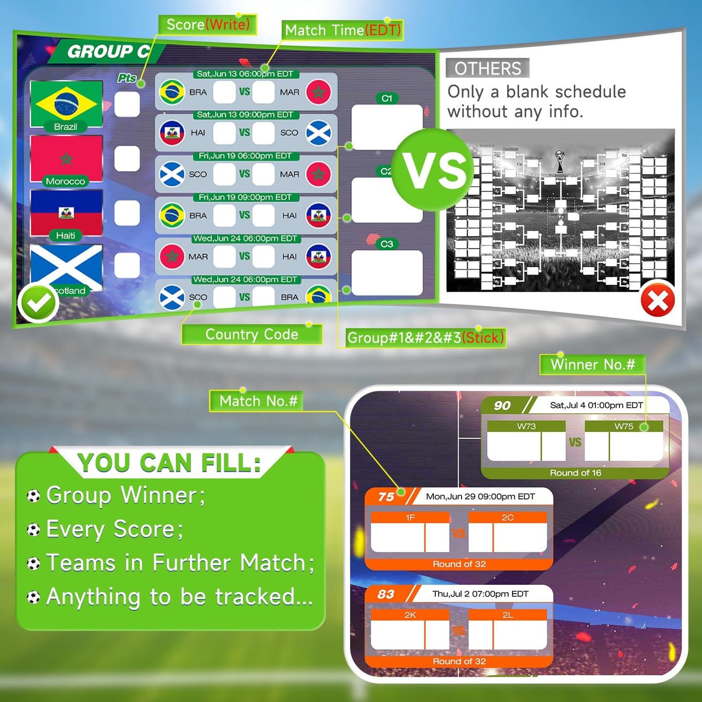 2026 World Soccer Tournament Extra Large Schedule Poster 43"x32", 2Pcs Gifts Set with 384 Stickers and Predict Champion Cup Winner, Tracker Bracket Wall Chart for Sports Fans Party Decorations