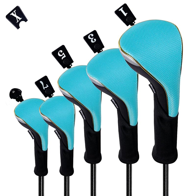 Andux 5Pcs Golf Head Covers Set - Pull-on, Light Blue, Long Neck, With Number Dial (MT/ZH15) Variation
