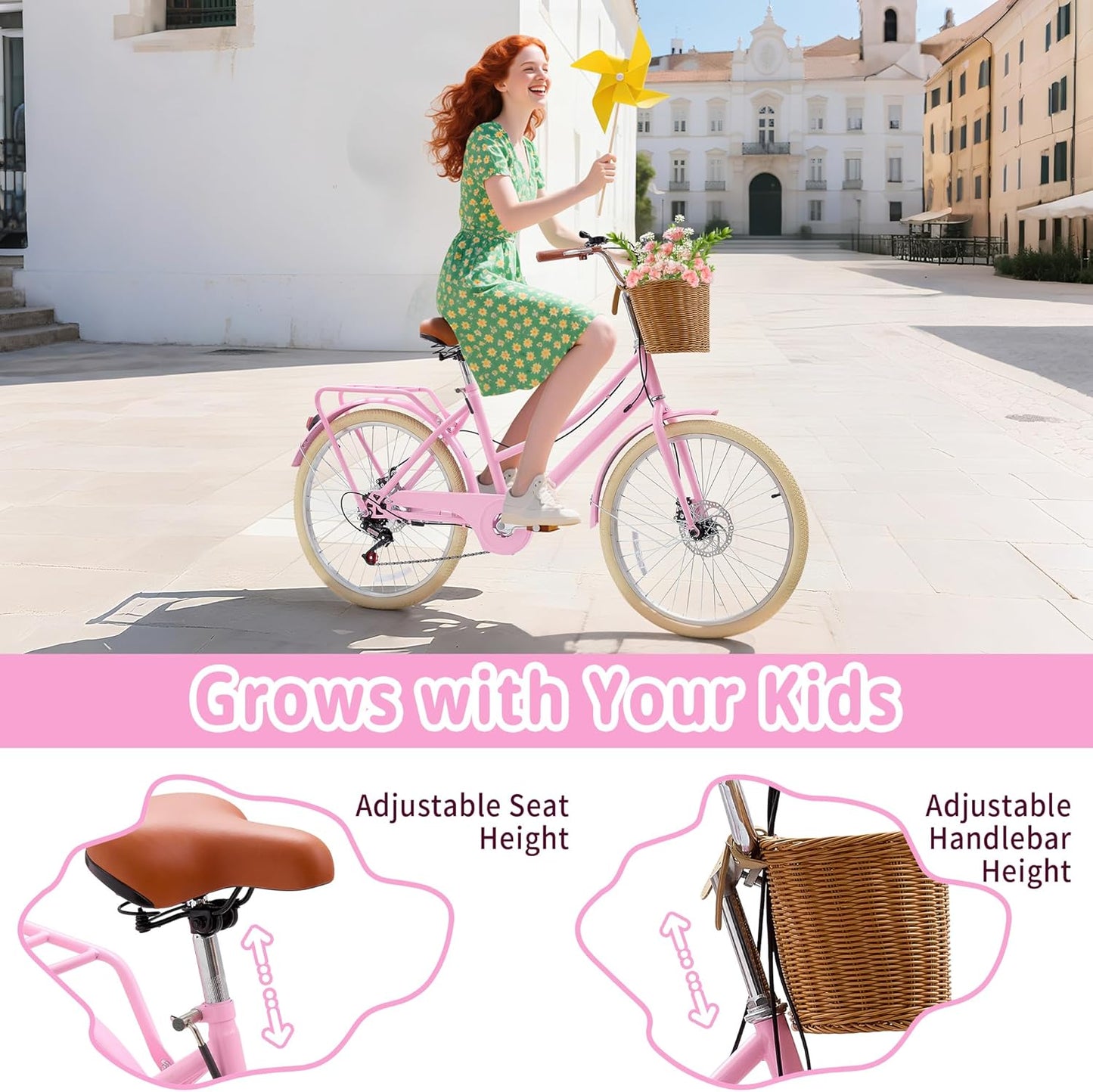 Kids Bike, Retro Cruiser Bike for Girls, 20 24 Inch 7-Speed Kids Bicycles for Ages 6-14 Girls Youth with Rattan Basket, Dual-Disc Brake Carbon Steel Frame Lightweight Bicycle, Multiple Colors