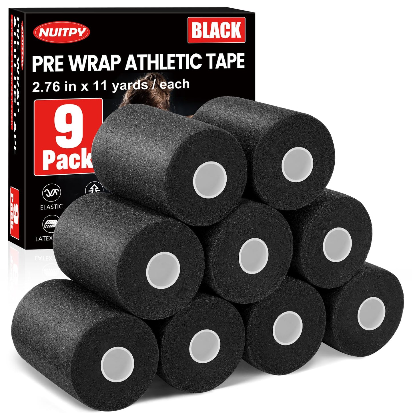 9 Pack Pre Wrap Athletic Tape, 2.76 Inch x 11 Yards Prewrap Tape for Hair Soccer, Pre Wrap Foam Underwrap Tape, Soccer Pre Wrap Tape, Prewrap Tape for Hair, Wrists, Hands, Ankles, Knees - Black