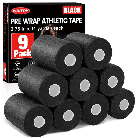 9 Pack Pre Wrap Athletic Tape, 2.76 Inch x 11 Yards Prewrap Tape for Hair Soccer, Pre Wrap Foam Underwrap Tape, Soccer Pre Wrap Tape, Prewrap Tape for Hair, Wrists, Hands, Ankles, Knees - Black