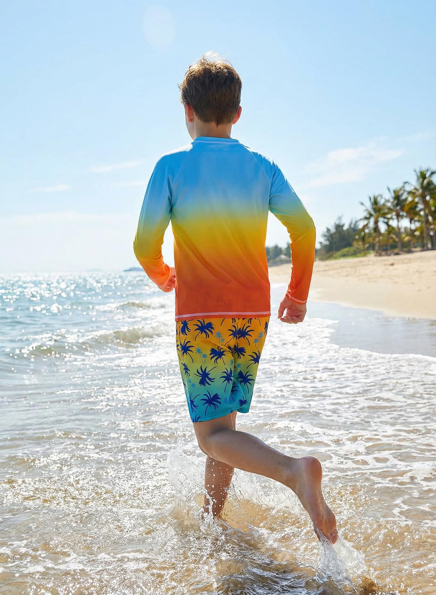 Belovance Boys Two Piece Rash Guard Swim Set Toddler Kids Long Sleeve Bathing Suit Swimwear Shirt with Trunks Swimming Suits Surfing Beach Clothes Quick Dry 5t Size 6 Blue Orange Coconut Tree