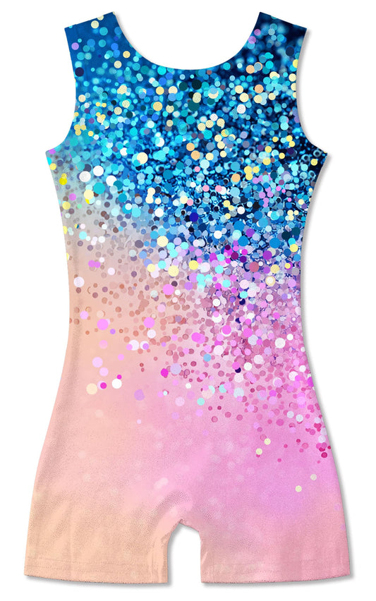 Funnycokid Gymnastics Leotards for Girls Sparkly Outfits Dance Clothes Unitards with Shorts, Diamond Blue Light Pink, 9-10 Years