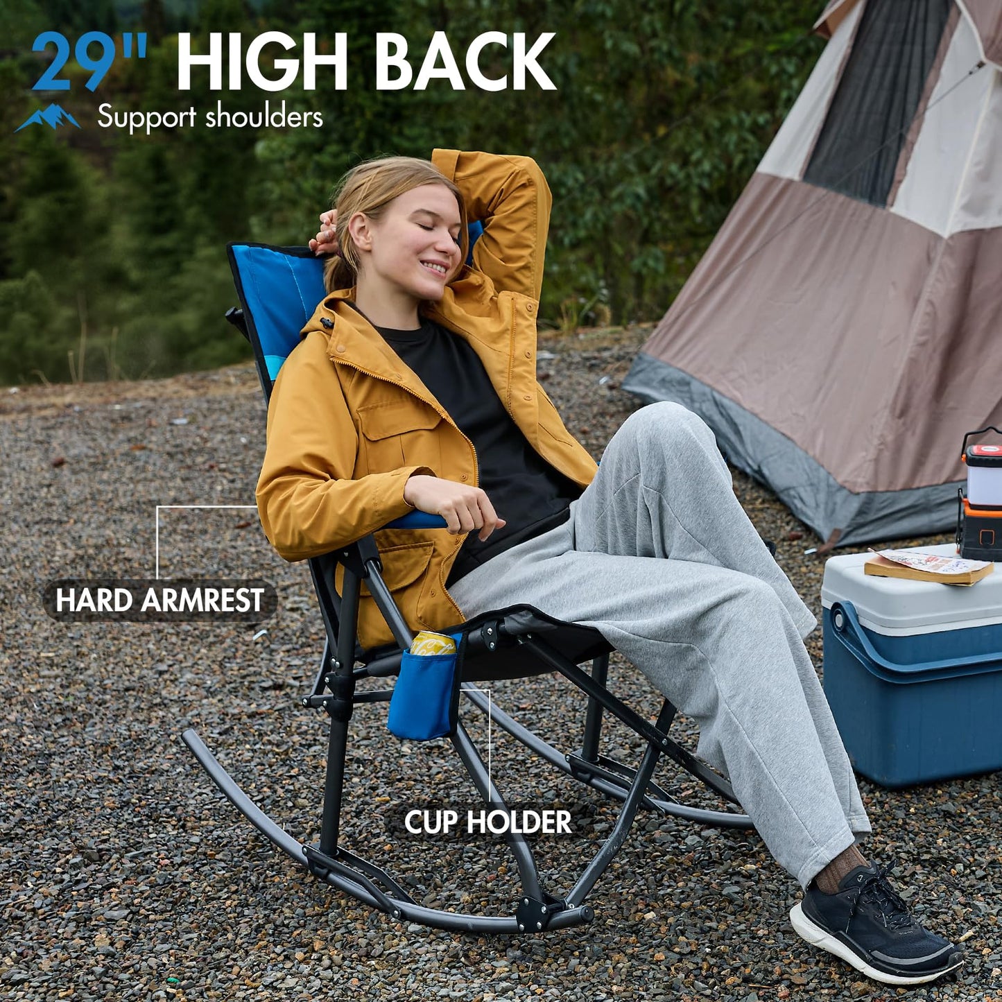 Portal Oversized Folding Rocking Camping Chair Portable Outdoor Rocker with High Back Hard Armrests Carry Bag, Supports 400 lbs, Padded Back, Grey&Blue