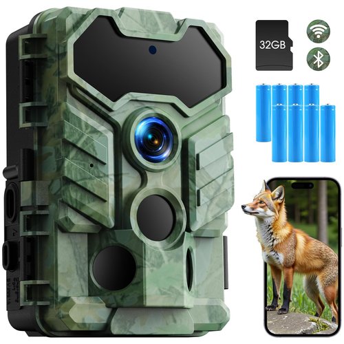 VOOPEAK Trail Camera WiFi, 32MP 1080P Game Camera with 0.1s Trigger Speed - Low Glow IR Night Vision, 130° Wide-Angle, IP66 Waterproof Trail Cam Includes 32GB TF Card Ideal for Wildlife Monitoring