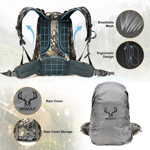 MOXULE Hunting Backpack Waterproof Pack: 25L Hunting Gear with Rain Cover,Hunting Day Pack with Rifle Bow Gun Holder (Camo)