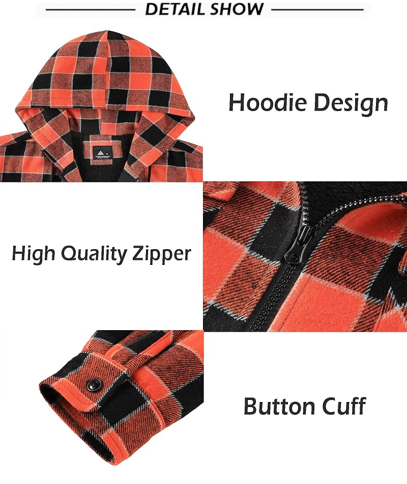 Mens Flannel Hooded Jacket Sherpa Lined Zip Up Plaid - Orange Black XX-Large