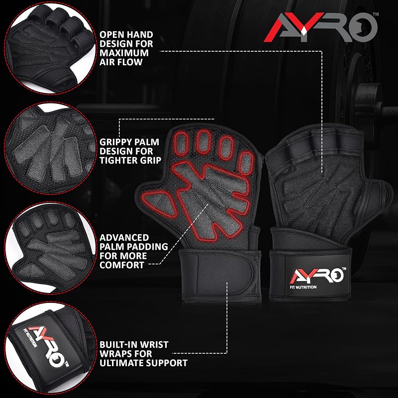 AYRO Workout Gloves for Men & Women - Weight Lifting Gloves with 15" Wrist Wraps, Non-Slip Palm, Breathable Mesh (Black, Small)