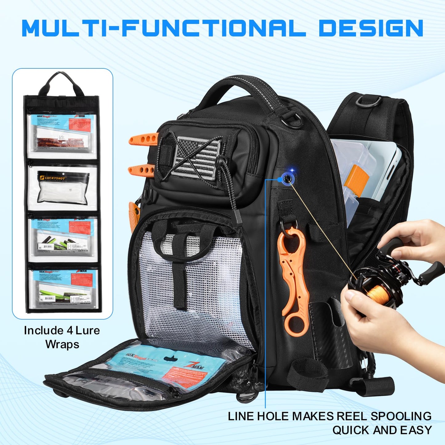 BAIXIXIG 18L Fishing Sling Bag with Removable Lure Wraps and Rod & Beverage Holder, Tackle Bag for Fishing Gear