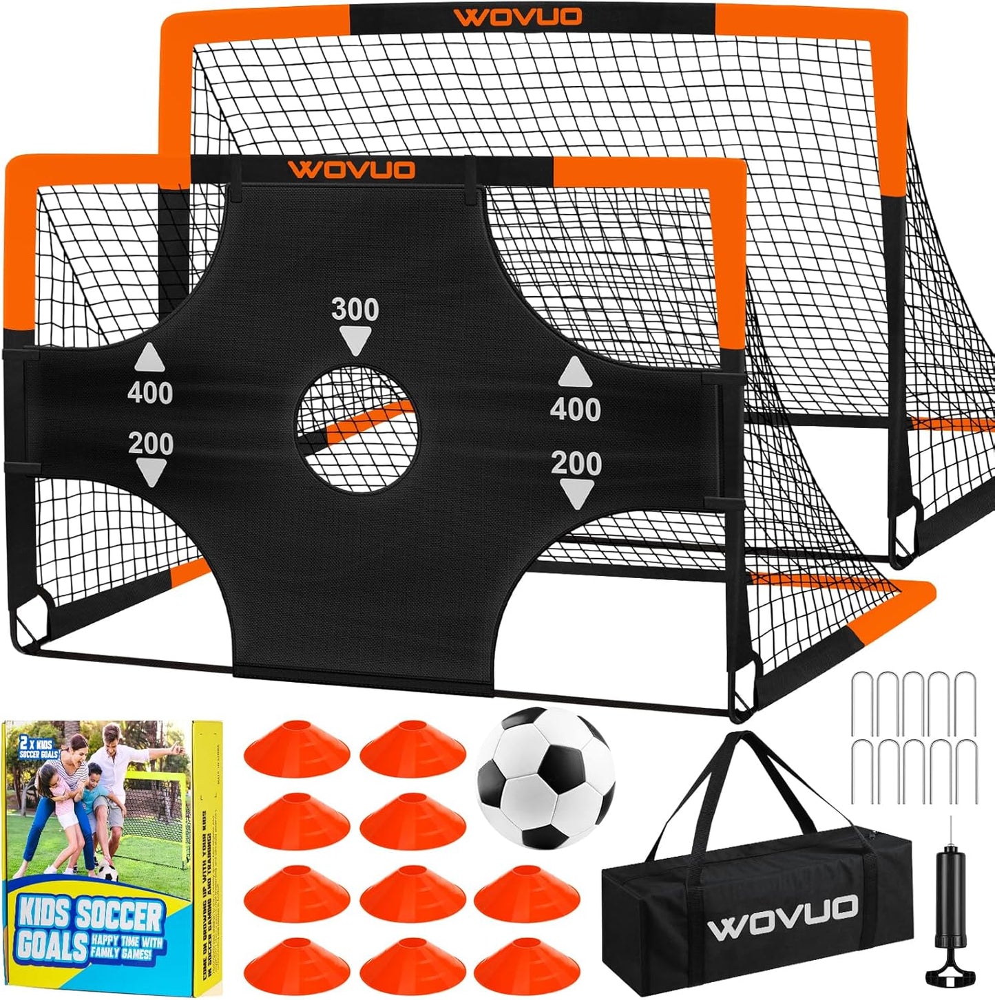 Kids Soccer Goals for Backyard Set of 2, 6x4 ft Portable Toddler Soccer Goal Training Equipment with Soccer Target, Ball, Cones, Soccer Net for Kids Age 3-5 6-8 8-12 10-12-14 Outdoor Sports Games Gift