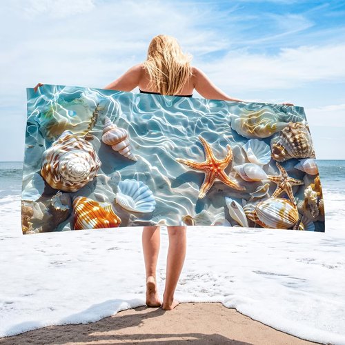 Microfiber Beach Towel with Tropical Marine Life Pattern Print Seaside Beach Swimming Pool Towel Absorbent Summer Vacation Camping Blanket Travel Essentials 55"×28"(Star Fish&Shell, Blue)