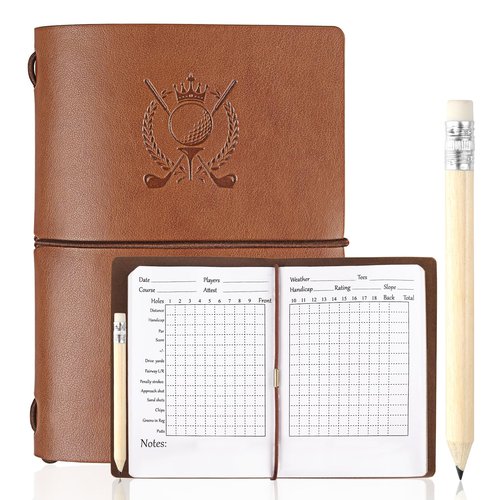 ARCHEREST Golf Scorecard Book with Pencil, Waterproof Leather Golf Scorecard Notebook Log Journal Holder with Pages for Men Golfers, Sports and Outdoor Club Accessories, Brown