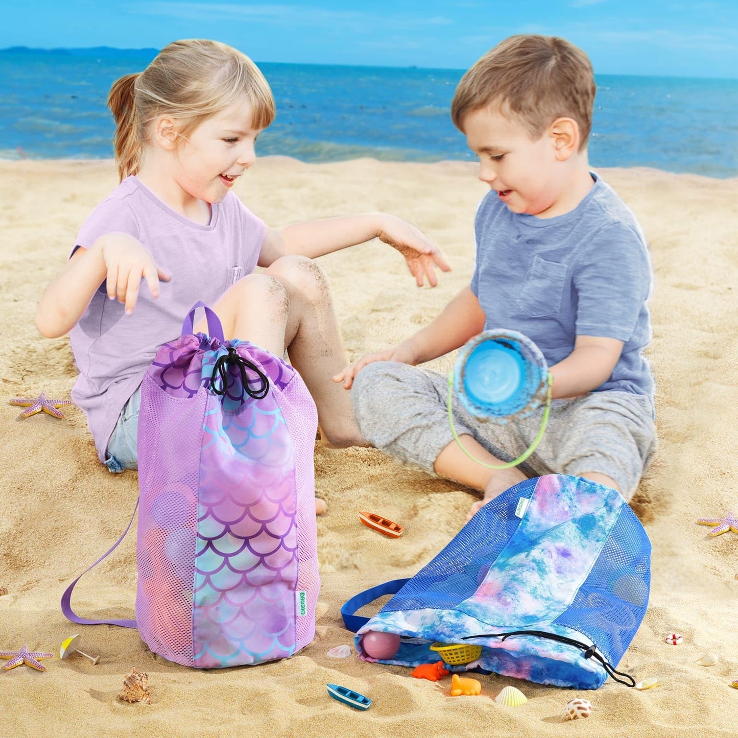 WAWSAM Mermaid Large Mesh Beach Bag for Kids, Drawstring Beach Backpack for Girls, Tote Mesh Beach Toys Bag, Swim Pool Toys Balls Storage Bags Gym Bag, Beach Toy Shells Organizer