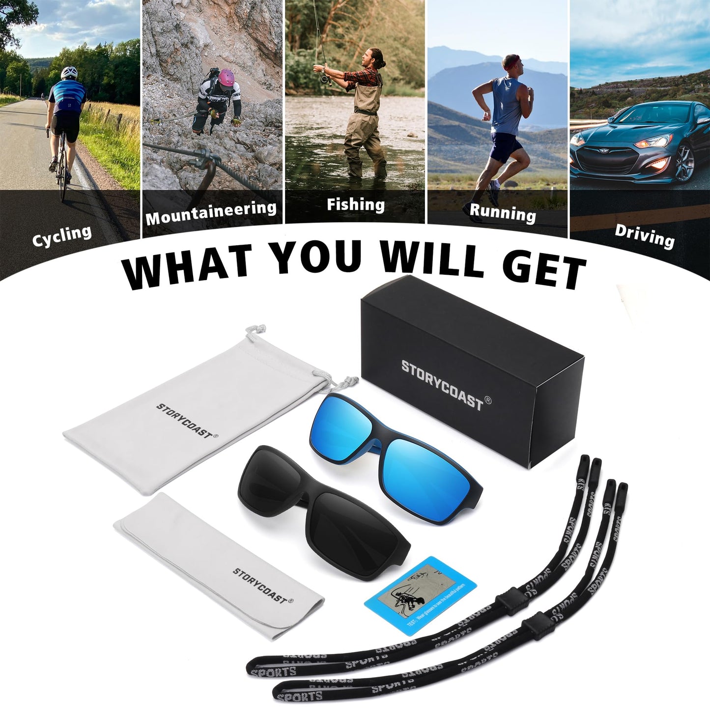 STORYCOAST Polarized Sports Sunglasses for Men Women Unbreakable Frame Cycling Fishing Driving Matte Clear Gray Frame-Blue Mirror Lens