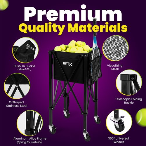 RPTX Tennis Ball Cart | Pickleball Ball Hopper | 150 Ball Capacity | Multiple Storage Pockets | Carrying Bag | Sturdy Pickleball Cart with Wheels | Ball Caddy for Practice & Training