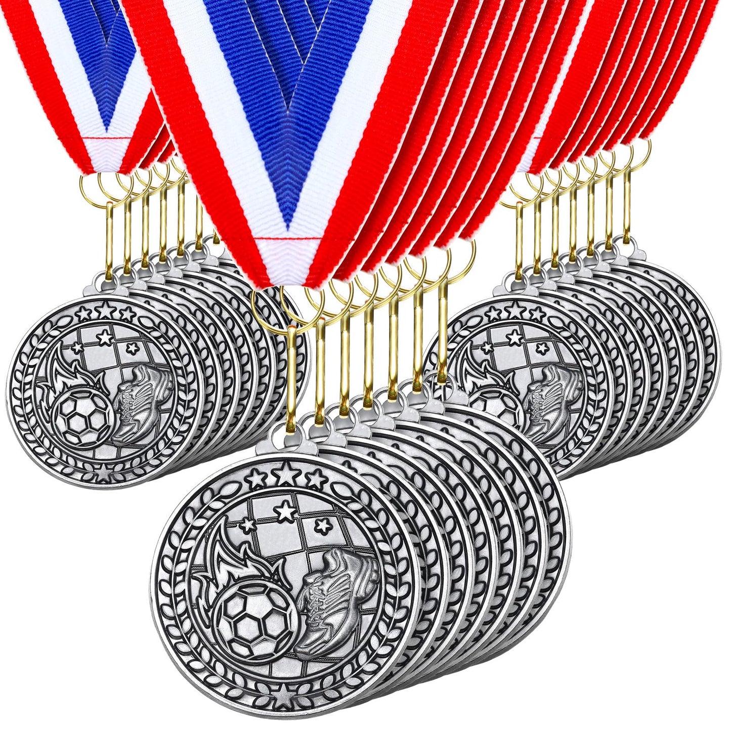 Remuuly 30 Pcs Silver Medals Bulk 2'' Basketball Soccer Volleyball Hockey Medals for Awards Metal Trophy with Neck Ribbons for Sports Participation Winner Tournaments Gift(Soccer)