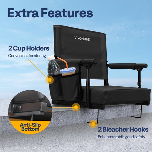 VIVOHOME Stadium Seats with Back Support and Cushion, 2 Pack Portable Bleacher Chairs with Cup Holder and Shoulder Strap, Black