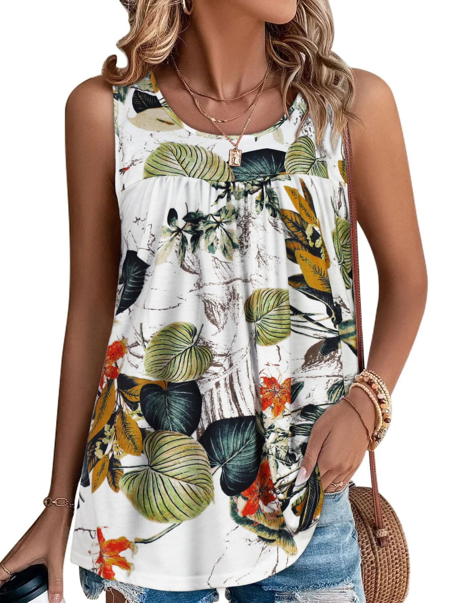CHICGAL Womens Summer Tank Tops Sleeveless Tunic Blouses Casual Loose Fit T Shirt(Tropical Plant Boho,L)