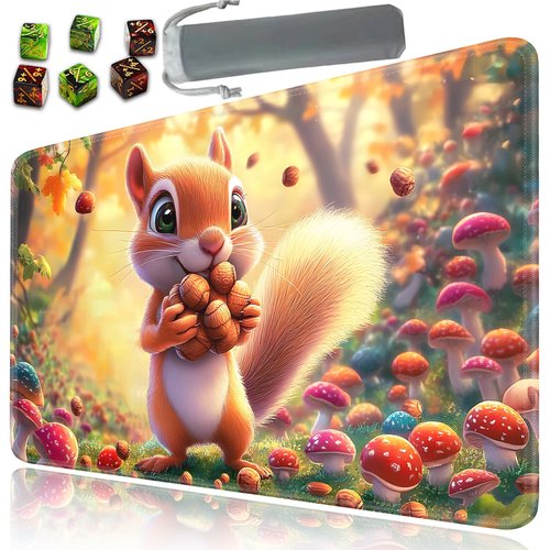 for MTG Playmat, Card Game Mat with Non-Slip Rubber Base and Stitched Edges, 24 x 14 in for DND and for TCG Play Mat with Storage Bag and 6 Dice, Squirrel with Acorns Pattern Board Game Pad